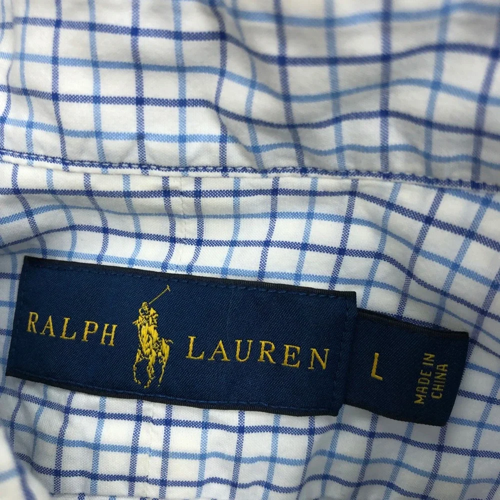 Polo Ralph Lauren Mens Large Blue White Tattersall Check Short Sleeve Shirt L